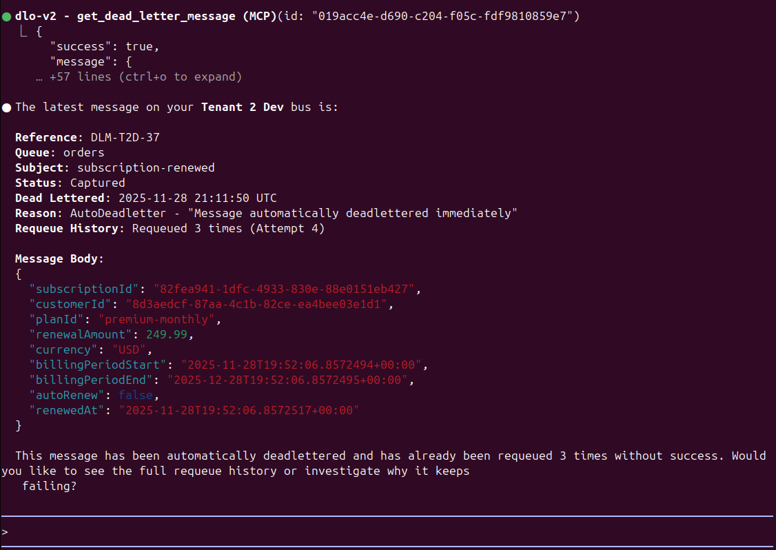 Claude Code terminal interface showing MCP integration with DeadLetterOps, demonstrating natural language query to fetch and analyse dead letter messages